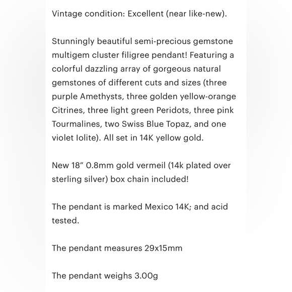 Filigree Gemstone Pendant: 14K Gold Amethyst, Citrine, Peridot, Topaz - Picture 12 of 12